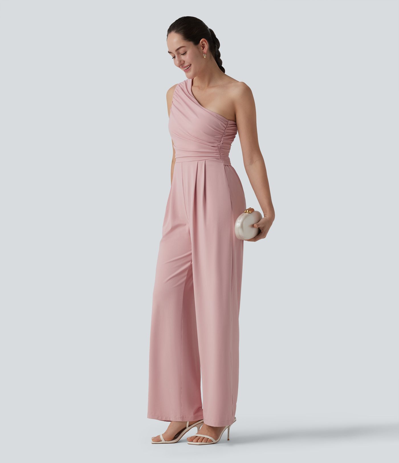 Sleeveless, ruched jumpsuit with side pockets, built-in bra and one-shoulder design - Easy Peezy