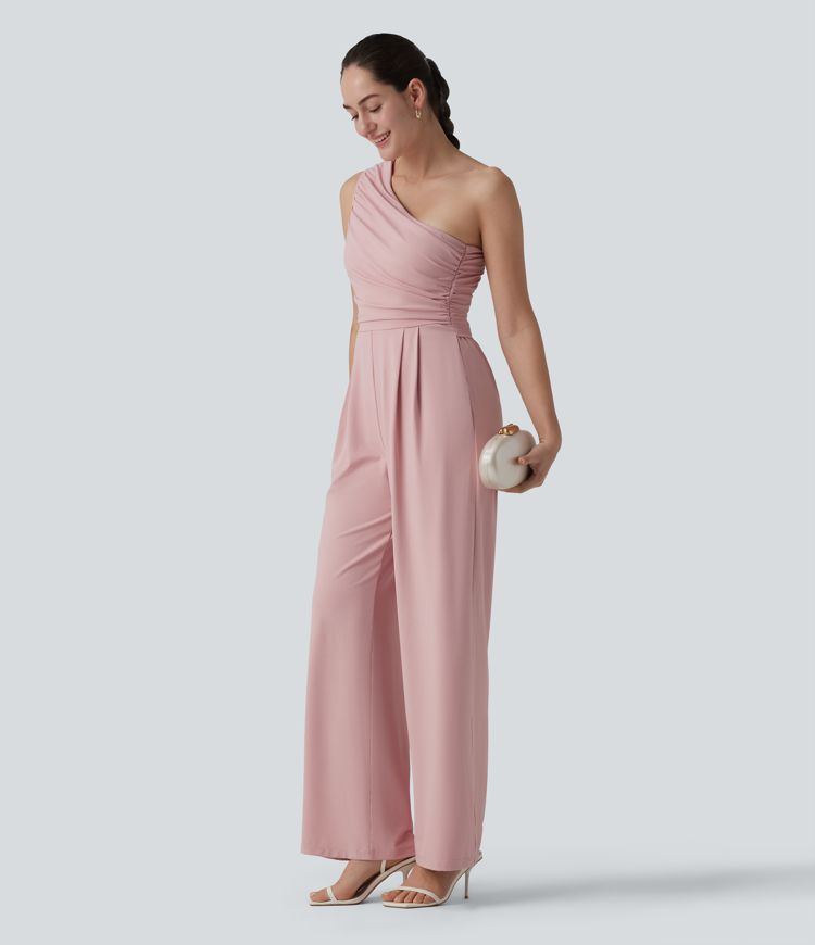 Sleeveless, ruched jumpsuit with side pockets, built-in bra and one-shoulder design - Easy Peezy