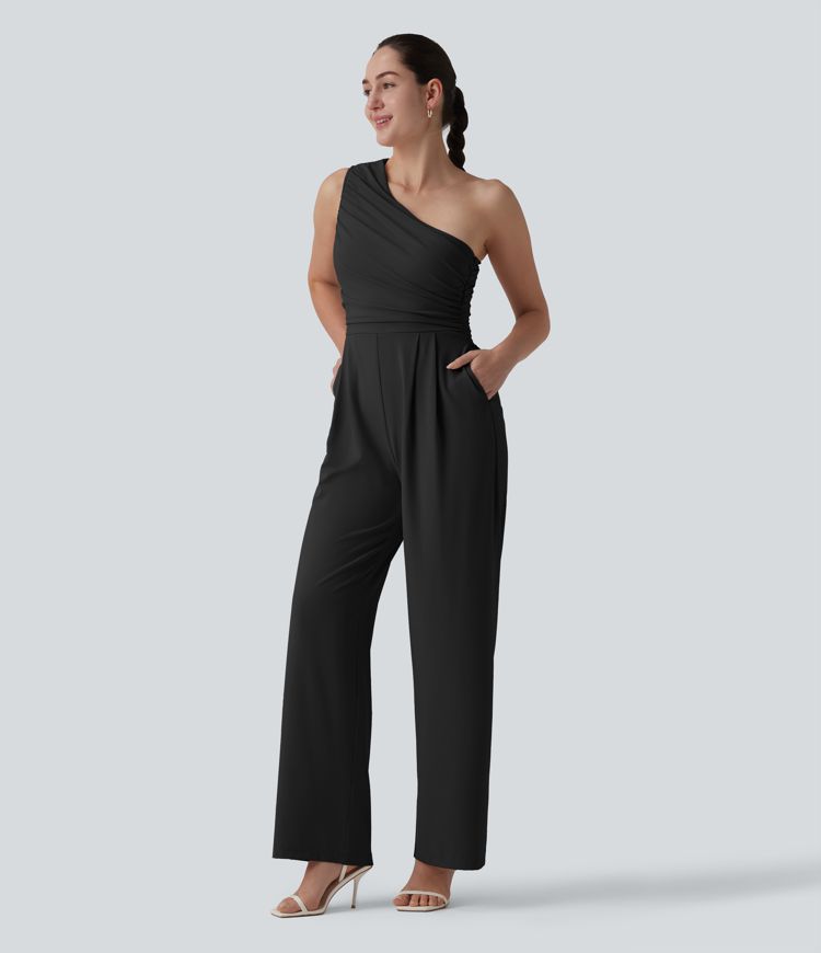 One-shoulder Sleeveless Ruched Built-in Bra Casual Jumpsuit with Pockets-Easy Peezy