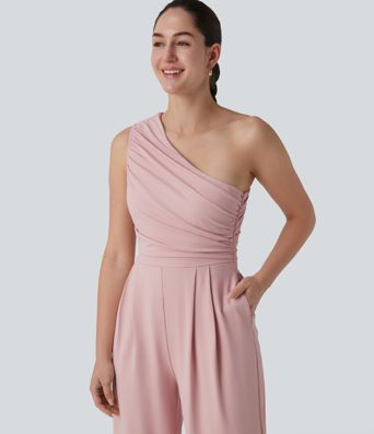 Sleeveless, ruched jumpsuit with side pockets, built-in bra and one-shoulder design - Easy Peezy