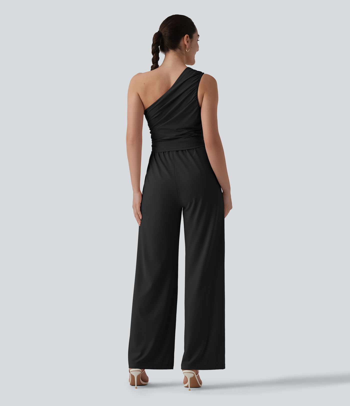 One-shoulder Sleeveless Ruched Built-in Bra Casual Jumpsuit with Pockets-Easy Peezy