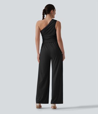 One-shoulder Sleeveless Ruched Built-in Bra Casual Jumpsuit with Pockets-Easy Peezy