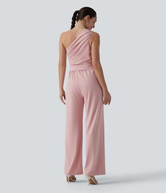Sleeveless, ruched jumpsuit with side pockets, built-in bra and one-shoulder design - Easy Peezy