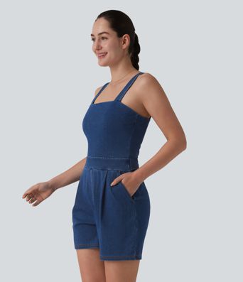 Halara Flex™ Denim Square Neck Sleeveless Casual Romper with Pockets-Easy Peezy