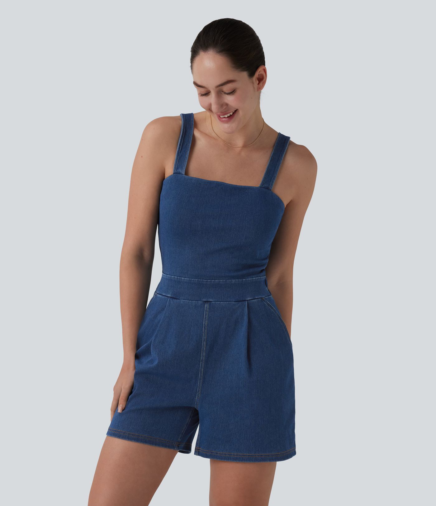 Halara Flex™ Denim Square Neck Sleeveless Casual Romper with Pockets-Easy Peezy