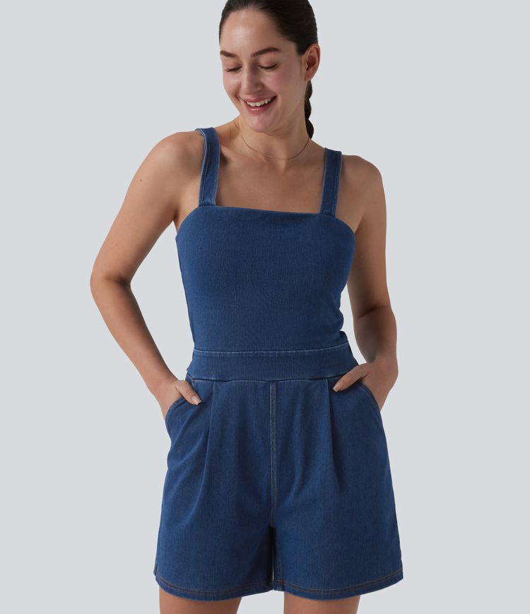 Halara Flex™ Denim Square Neck Sleeveless Casual Romper with Pockets-Easy Peezy