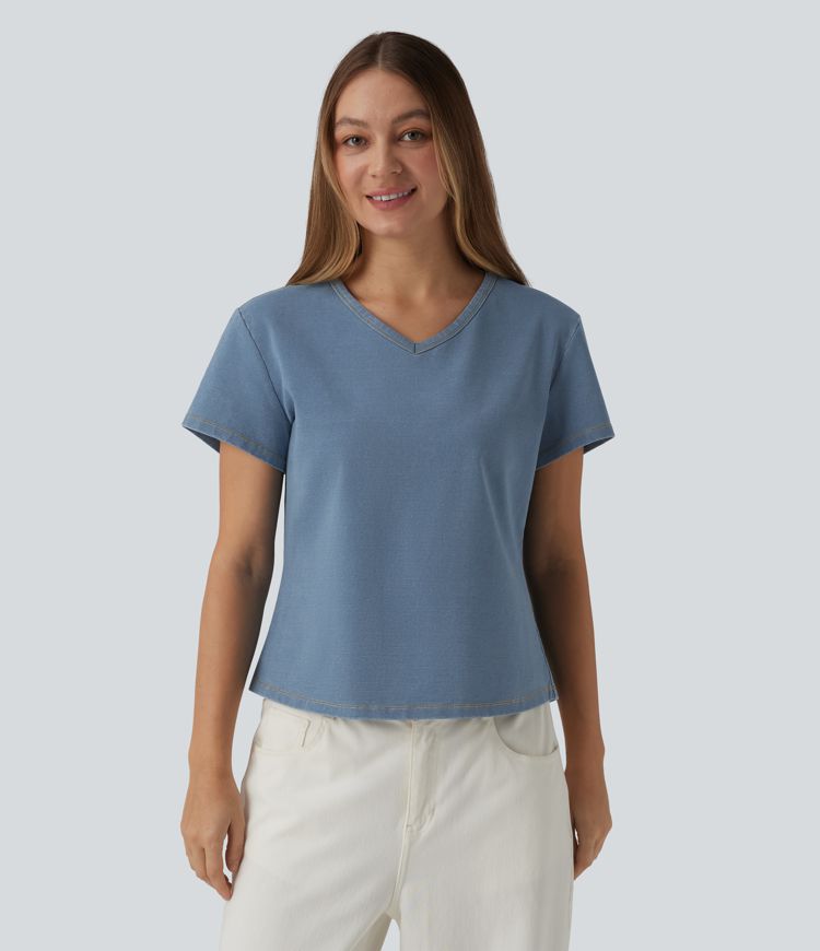 Halara Flex™ T-shirt en denim col V manches courtes