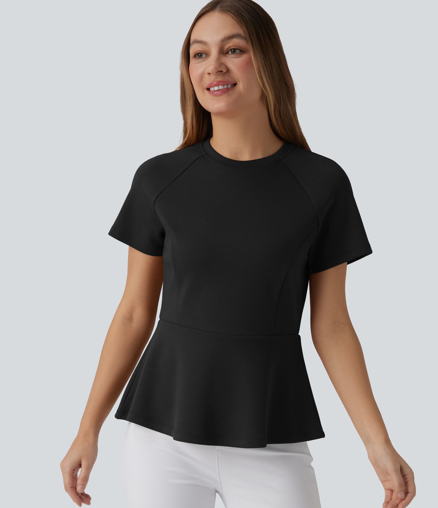 Round Neck Short Sleeve Work Peplum Top