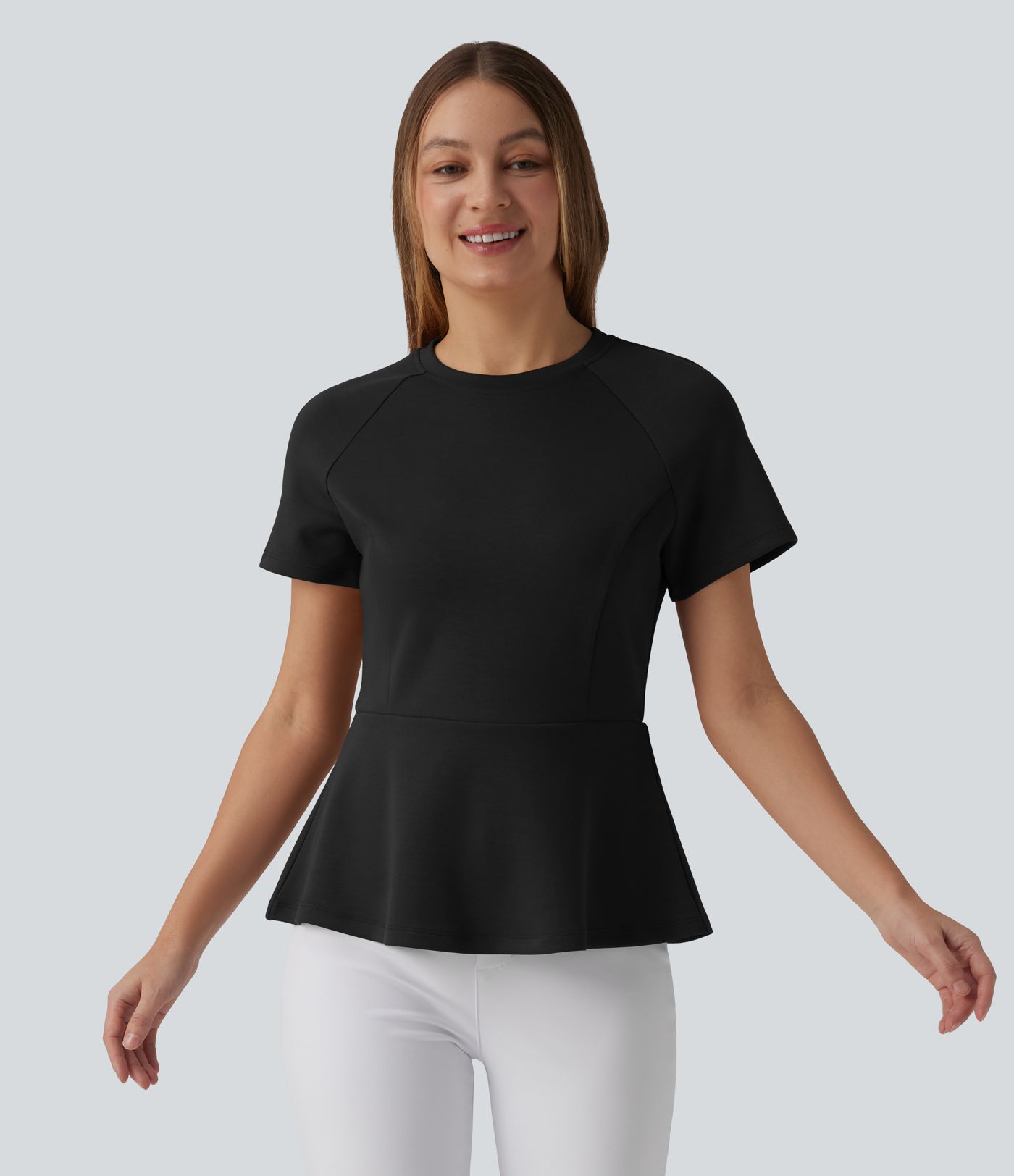 Round Neck Short Sleeve Work Peplum Top