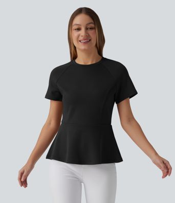 Round Neck Short Sleeve Work Peplum Top