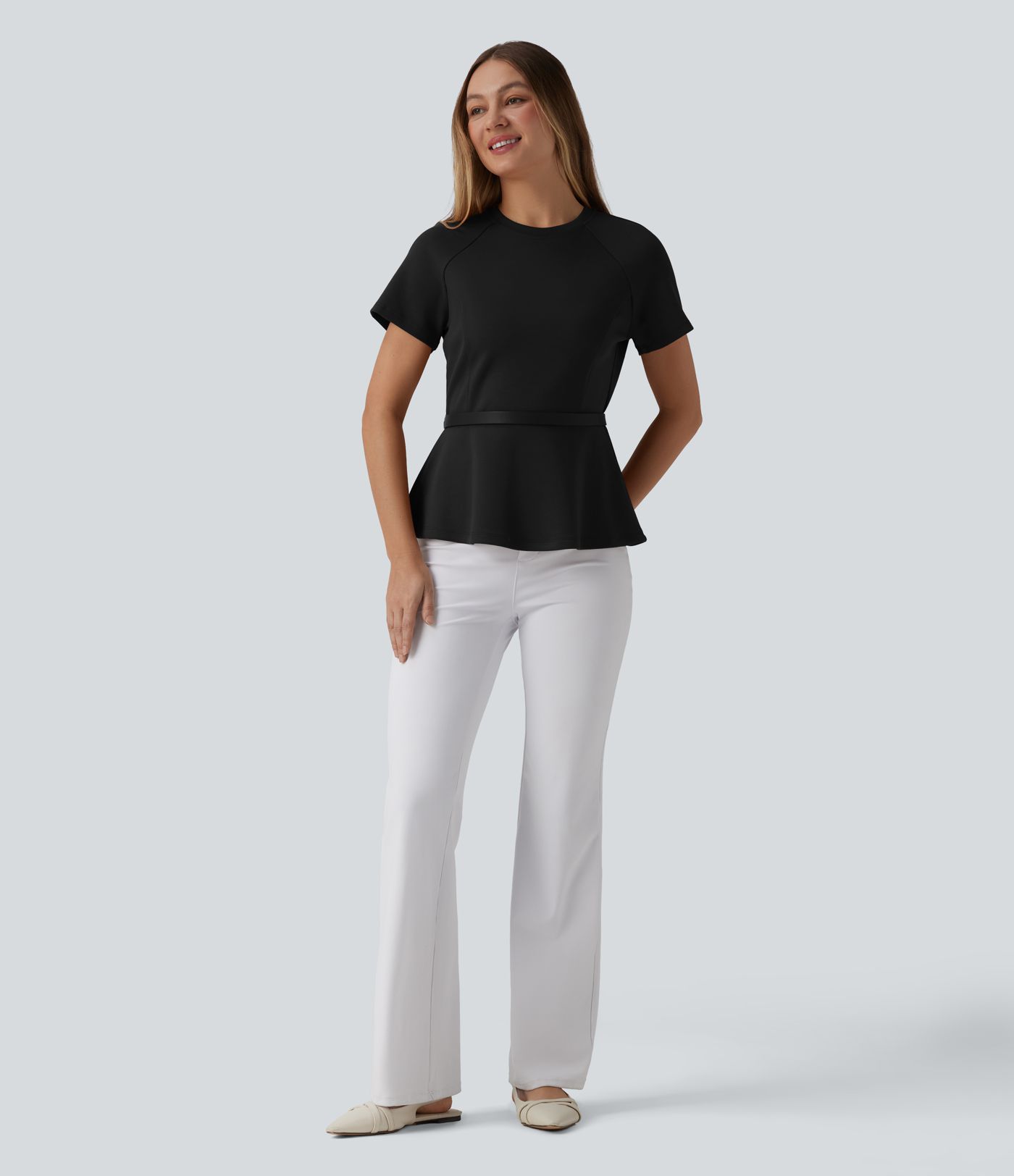 Round Neck Short Sleeve Work Peplum Top