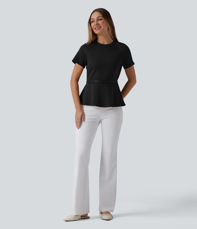 Round Neck Short Sleeve Work Peplum Top