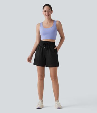 Breezeful™ short ample de yoga taille haute 5'' à cordon, en mesh contrastant, à séchage rapide, avec poches