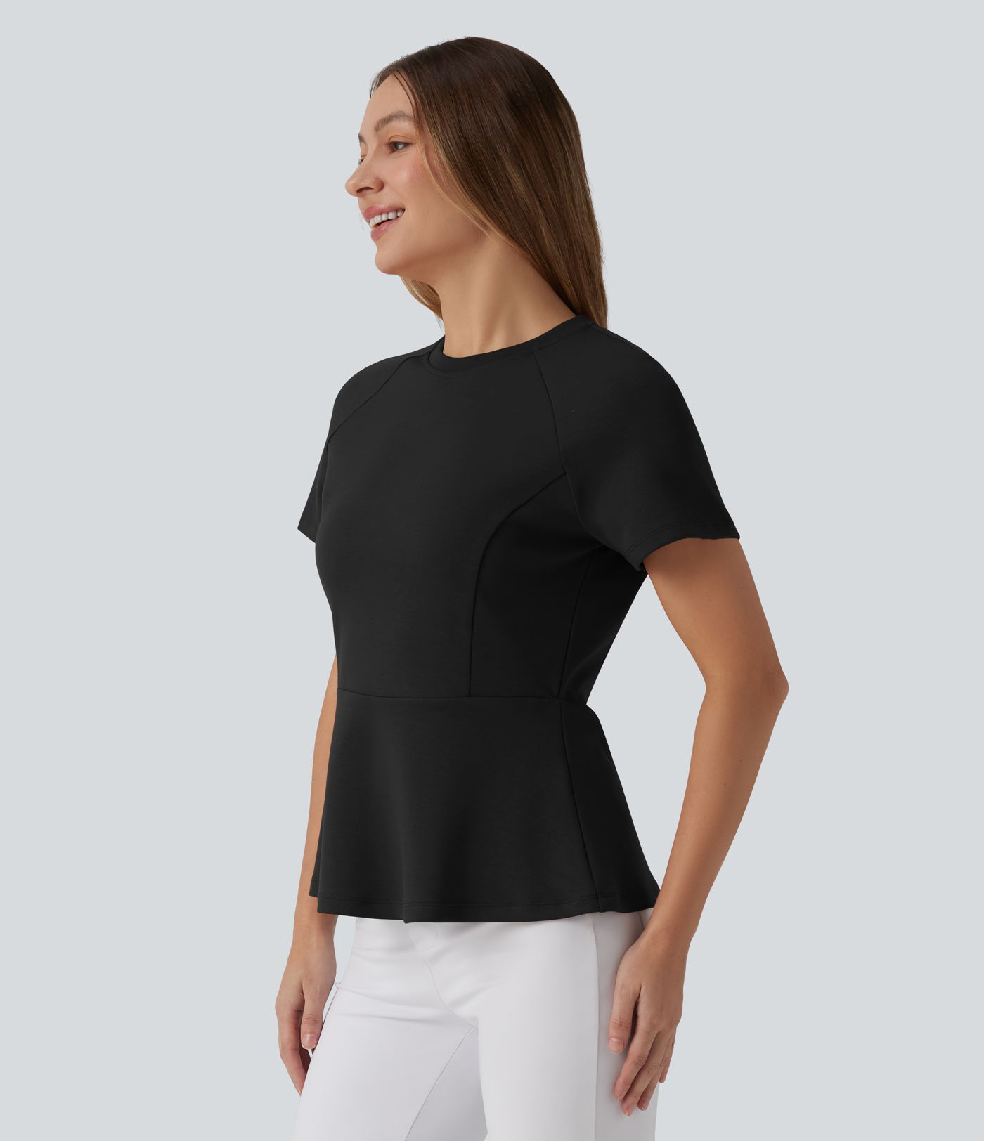 Round Neck Short Sleeve Work Peplum Top