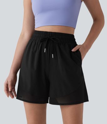 Breezeful™ short ample de yoga taille haute 5'' à cordon, en mesh contrastant, à séchage rapide, avec poches