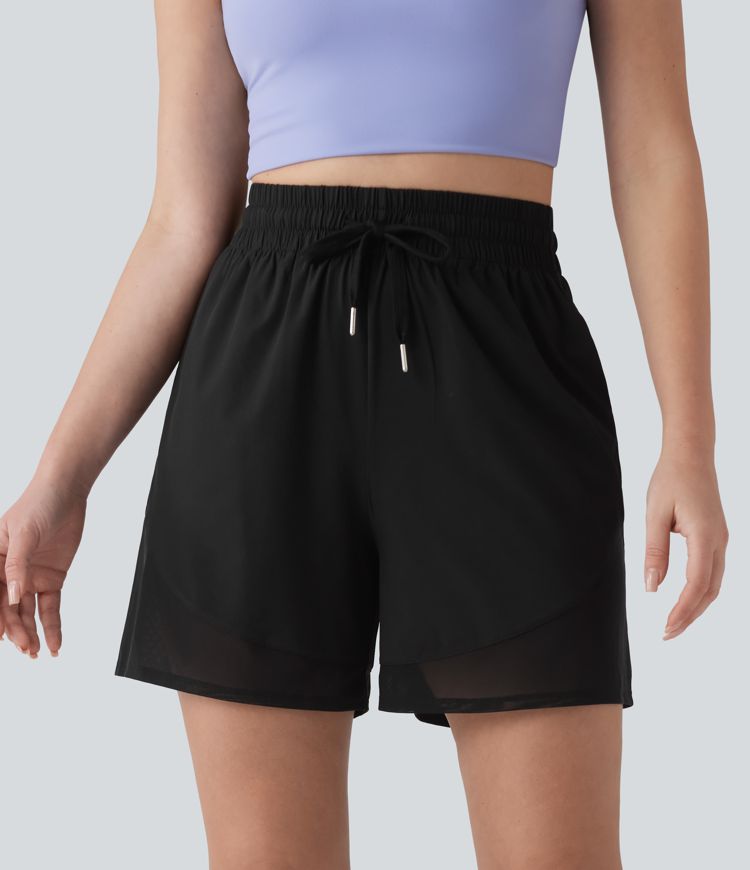 Breezeful™ short ample de yoga taille haute 5'' à cordon, en mesh contrastant, à séchage rapide, avec poches