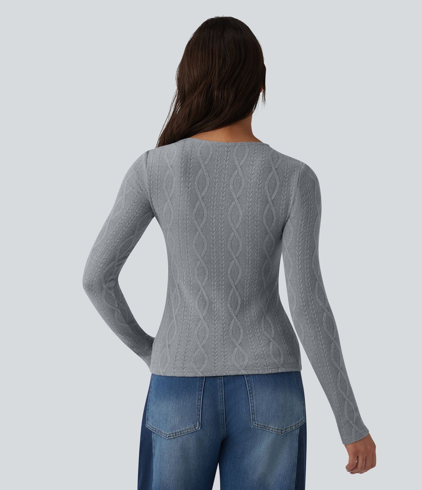Square Neck Ruched Long Sleeve Cable Knit Casual Top