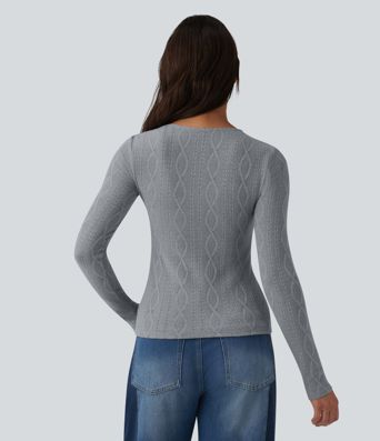 Square Neck Ruched Long Sleeve Cable Knit Casual Top