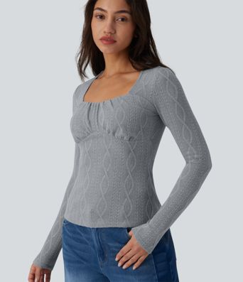 Square Neck Ruched Long Sleeve Cable Knit Casual Top