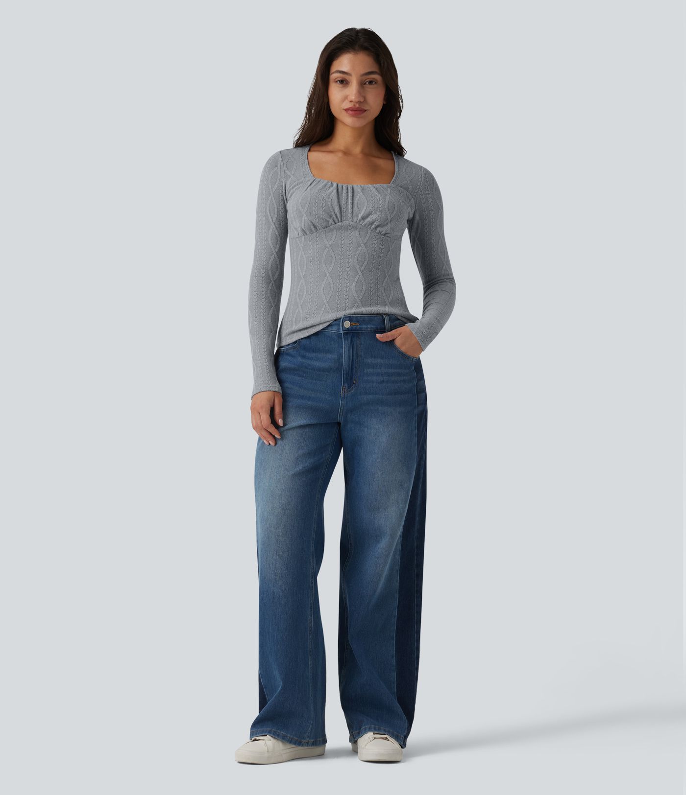 Square Neck Ruched Long Sleeve Cable Knit Casual Top