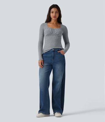 Square Neck Ruched Long Sleeve Cable Knit Casual Top