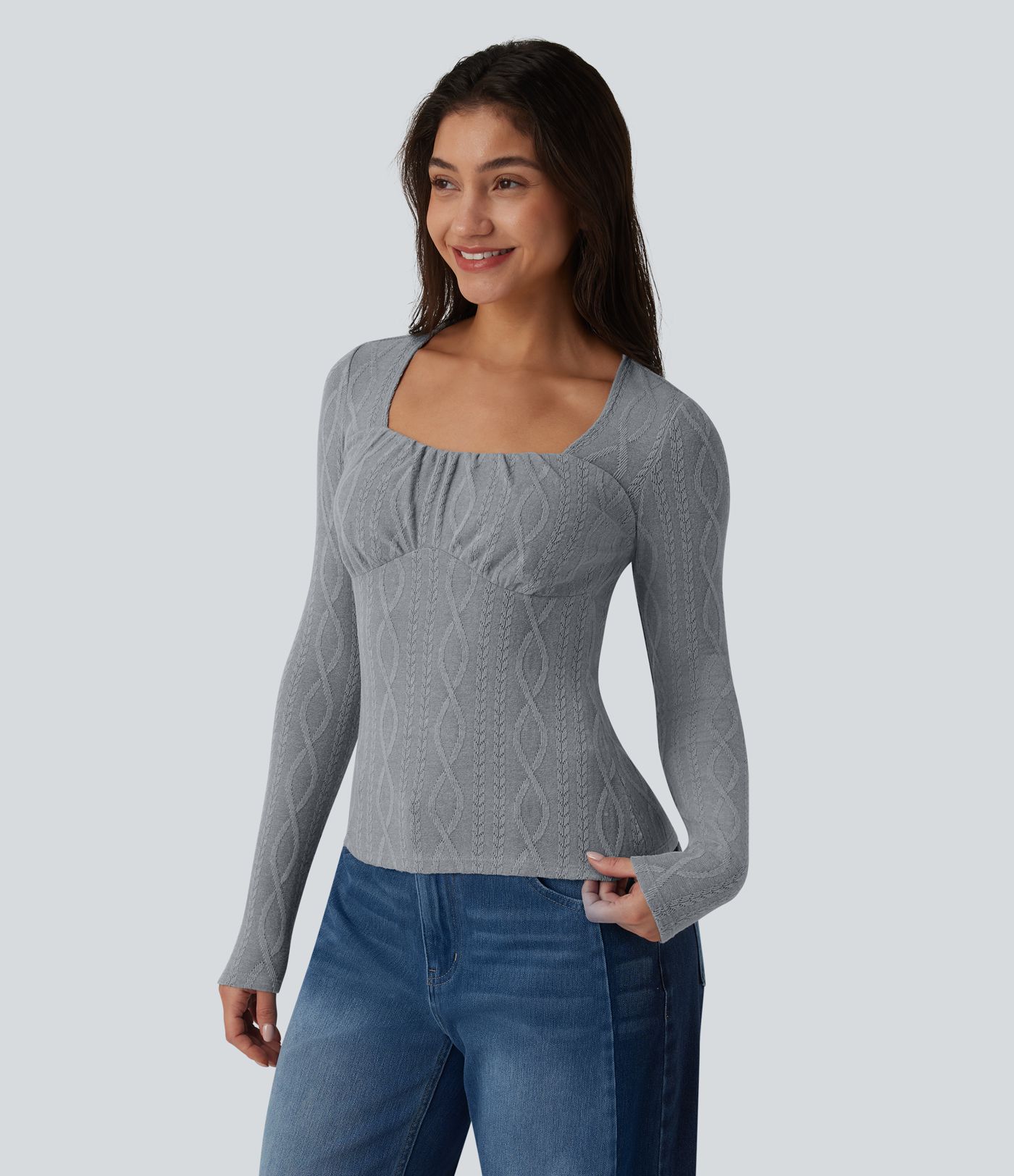 Square Neck Ruched Long Sleeve Cable Knit Casual Top