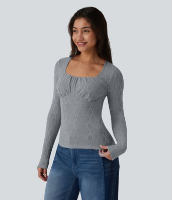 Square Neck Ruched Long Sleeve Cable Knit Casual Top
