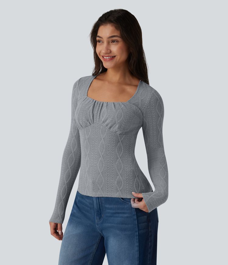 Square Neck Ruched Long Sleeve Cable Knit Casual Top