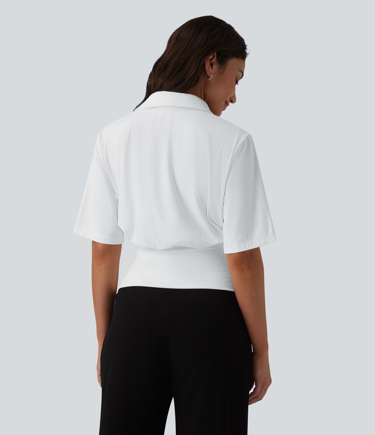 SoftlyZero™ Lapel Short Sleeve Cinched Waist Work Top-UPF50+