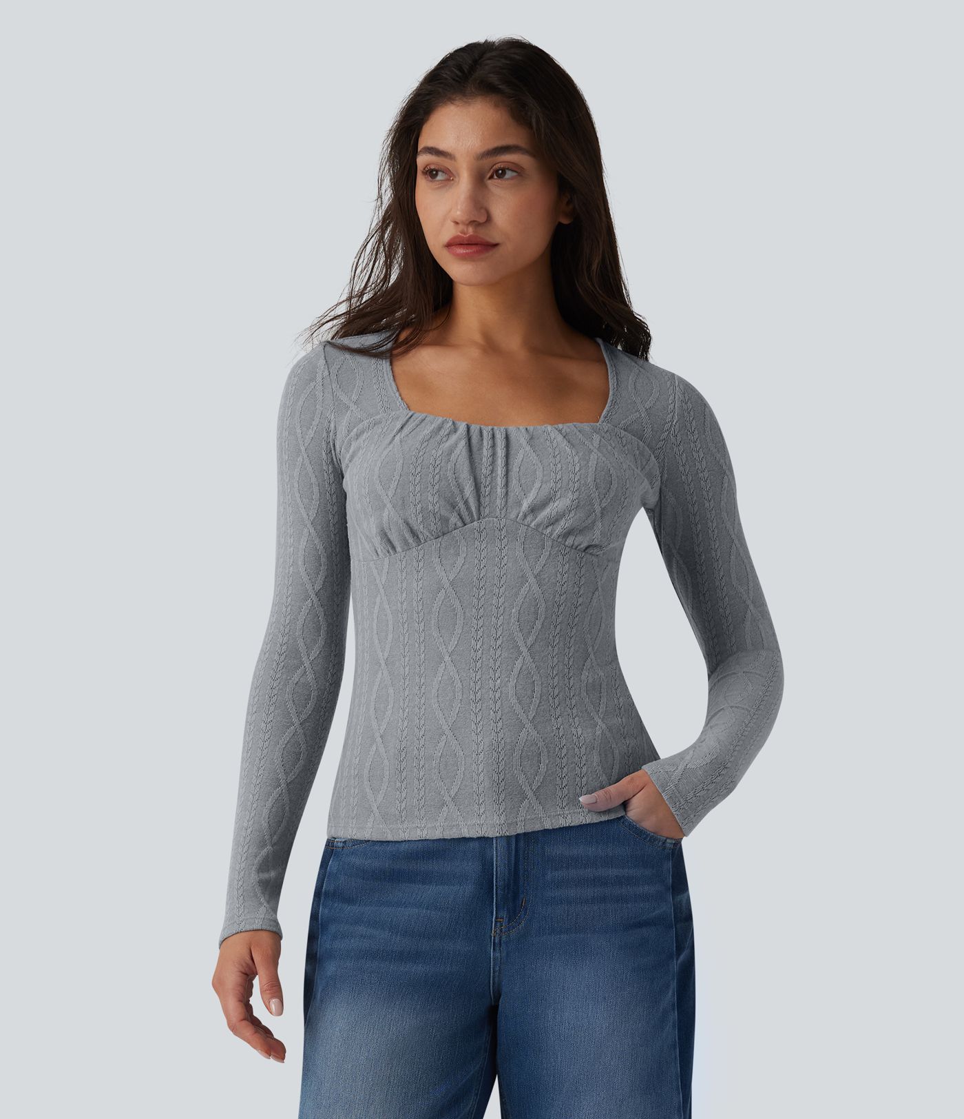 Square Neck Ruched Long Sleeve Cable Knit Casual Top
