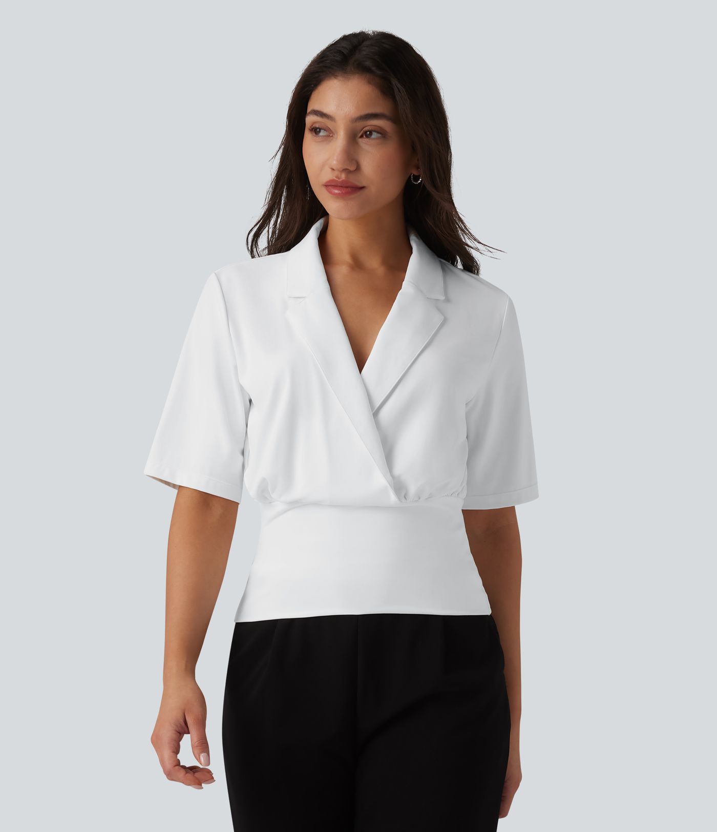 SoftlyZero™ Lapel Short Sleeve Cinched Waist Work Top-UPF50+