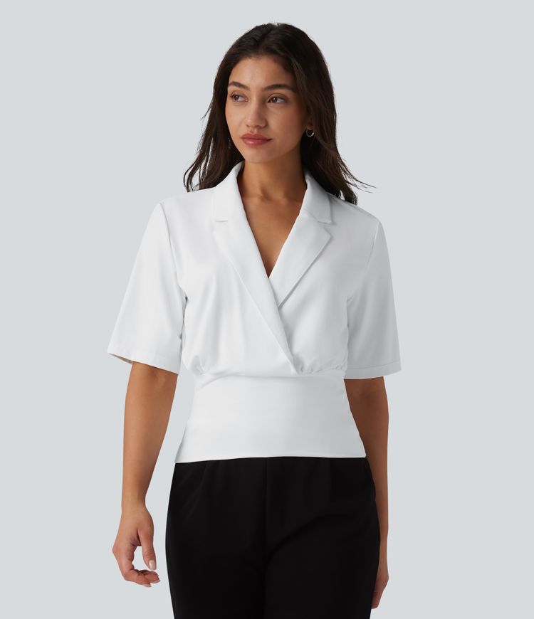 SoftlyZero™ Lapel Short Sleeve Cinched Waist Work Top-UPF50+