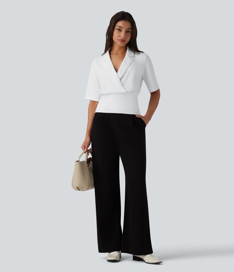 SoftlyZero™ Lapel Short Sleeve Cinched Waist Work Top-UPF50+