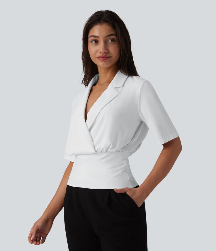 SoftlyZero™ Lapel Short Sleeve Cinched Waist Work Top-UPF50+