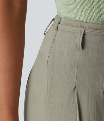 Wide-leg, flowing, mid-rise linen-look trousers with belt and pockets