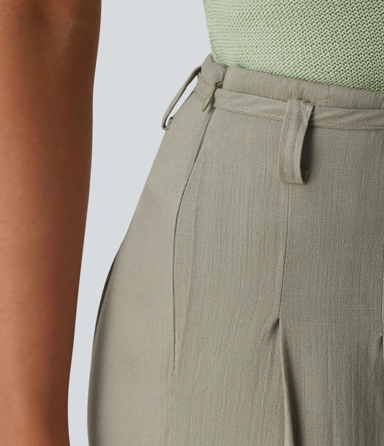 Wide-leg, flowing, mid-rise linen-look trousers with belt and pockets