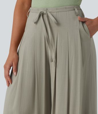 Wide-leg, flowing, mid-rise linen-look trousers with belt and pockets