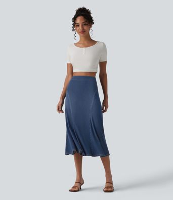 Halara Flex™ Denim High Waisted Midi Draped Lyocell Washed Casual Mermaid Skirt