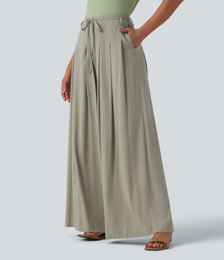 Wide-leg, flowing, mid-rise linen-look trousers with belt and pockets