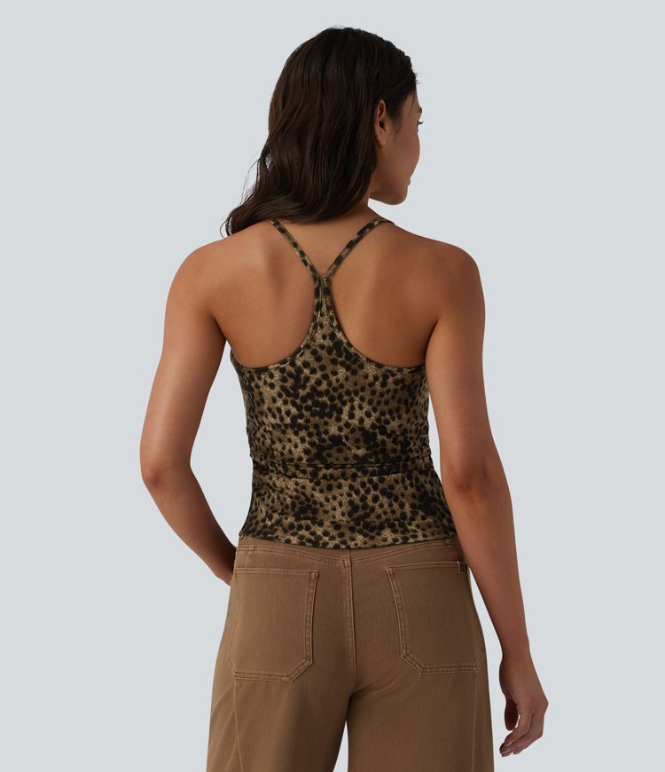 Lässiges Racerback-Tanktop mit integriertem BH und Leopardenmuster