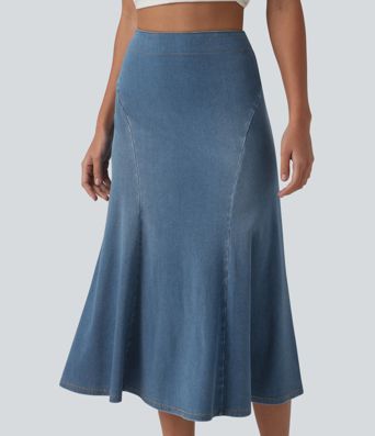 Halara Flex™ Denim High Waisted Midi Draped Lyocell Washed Casual Mermaid Skirt