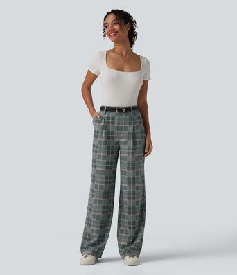 Pantalon à carreaux Halara Flex™ pour le bureau, taille haute, coupe droite avec poches