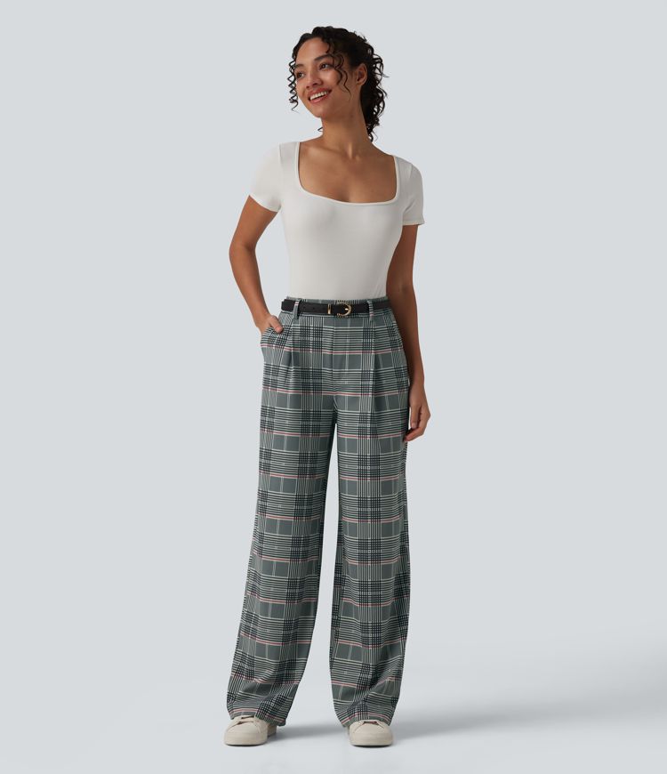 Pantalon à carreaux Halara Flex™ pour le bureau, taille haute, coupe droite avec poches