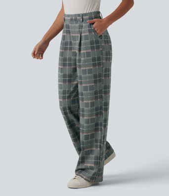 Pantalon à carreaux Halara Flex™ pour le bureau, taille haute, coupe droite avec poches