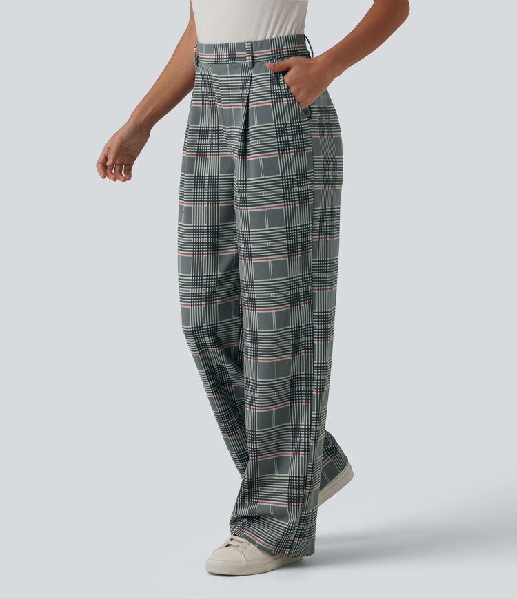 Pantalon à carreaux Halara Flex™ pour le bureau, taille haute, coupe droite avec poches