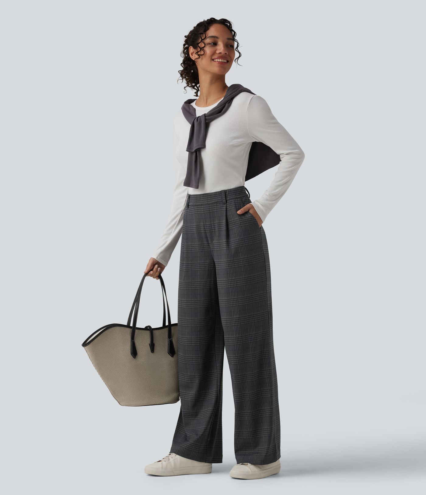 Halara Flex™ High Waisted Straight Leg Plaid Work Trousers with Pockets