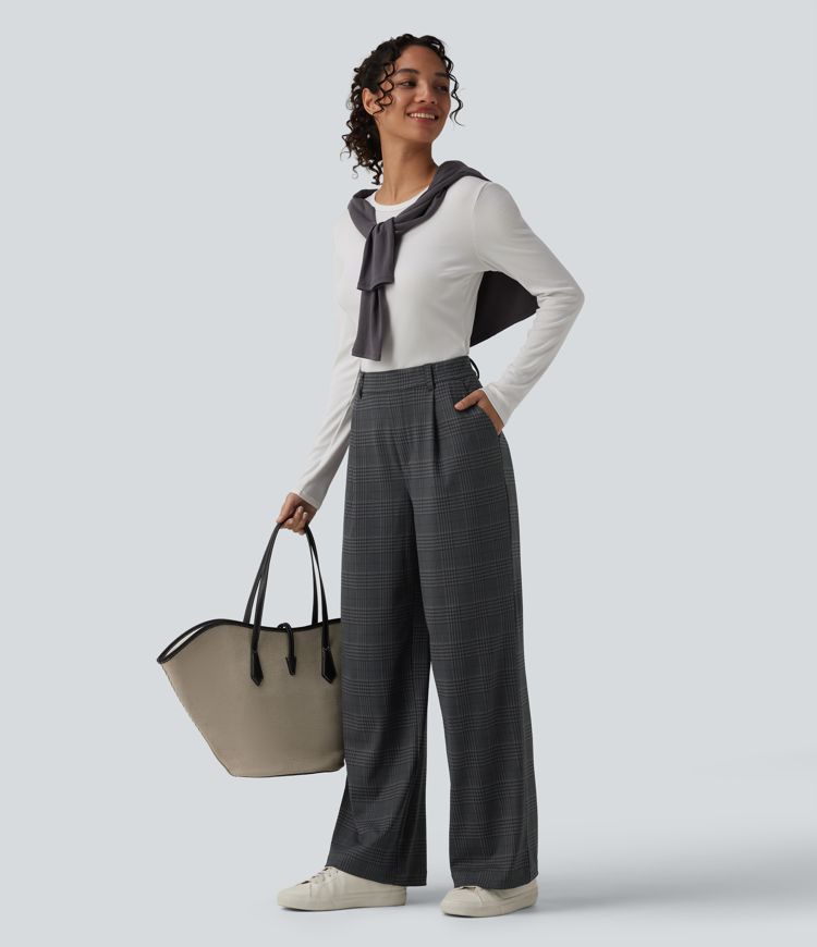 Halara Flex™ High Waisted Straight Leg Plaid Work Trousers with Pockets