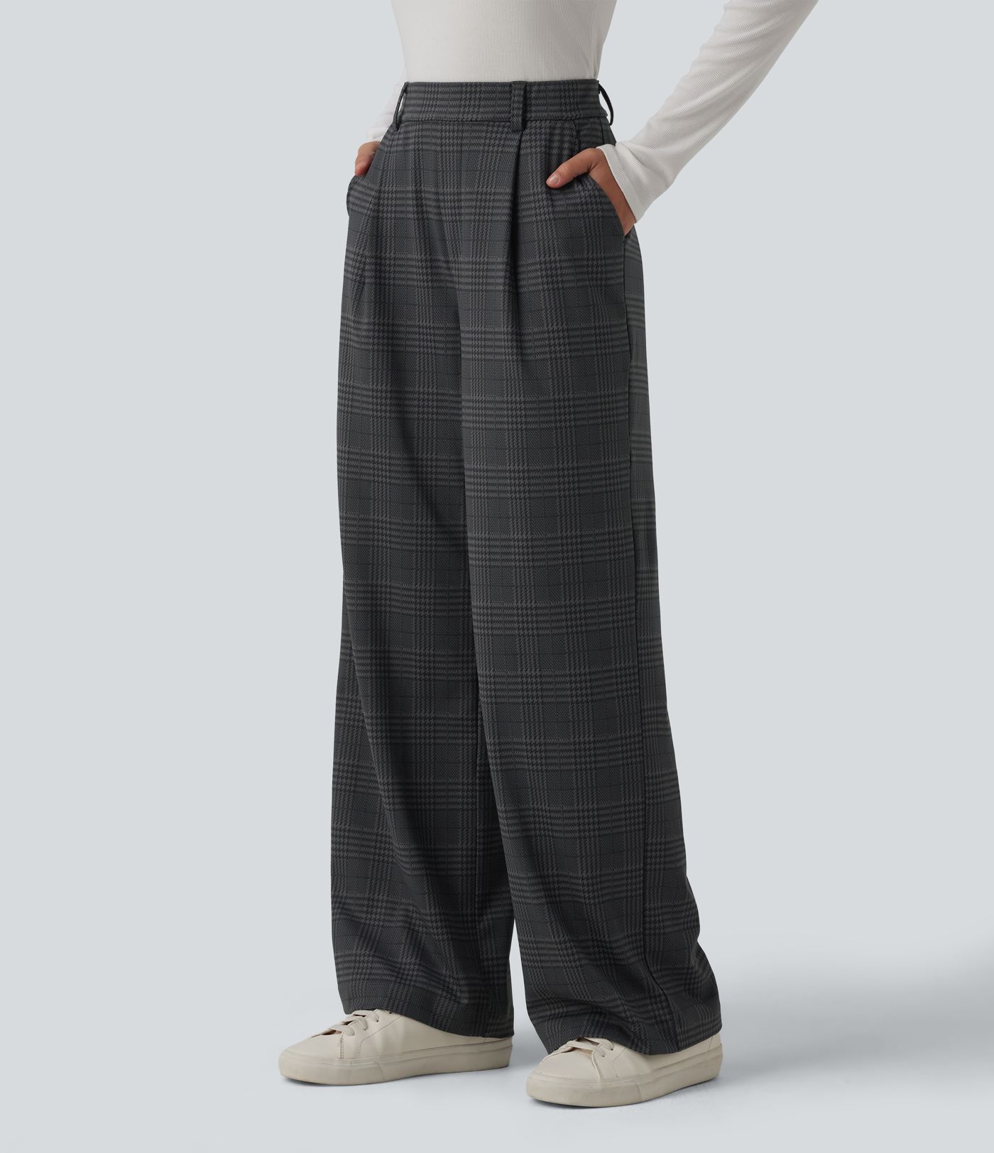 Halara Flex™ High Waisted Straight Leg Plaid Work Trousers with Pockets