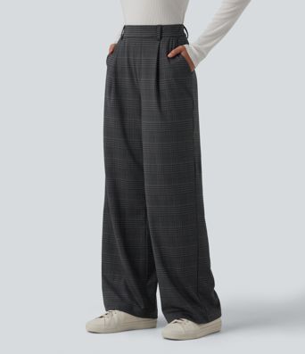 Halara Flex™ High Waisted Straight Leg Plaid Work Trousers with Pockets