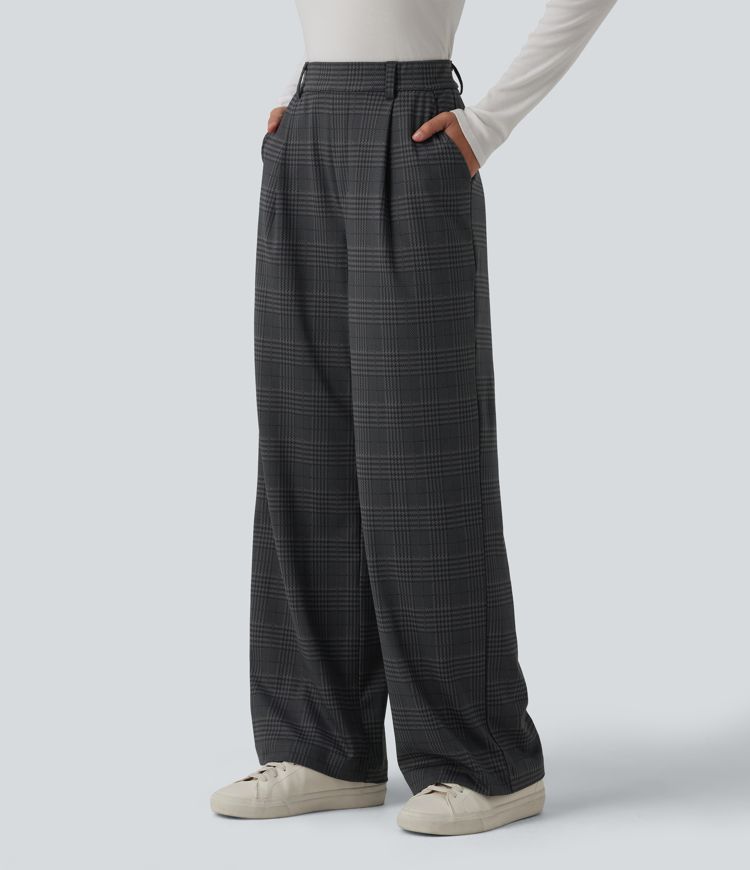 Halara Flex™ High Waisted Straight Leg Plaid Work Trousers with Pockets